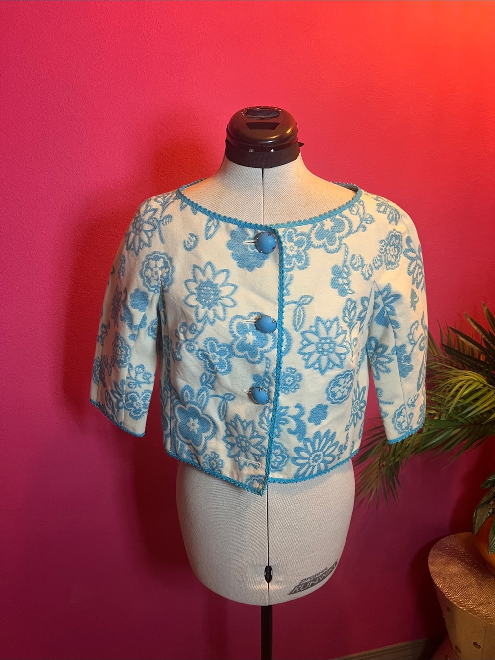 Moschino Blue Floral Cropped Blazer with Blue Buttons